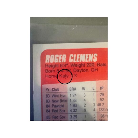 Unrated 1990 Fleer 271 Roger Clemens Error Card “Katv, TX” Rare Boston Red Sox - Picture 2 of 2